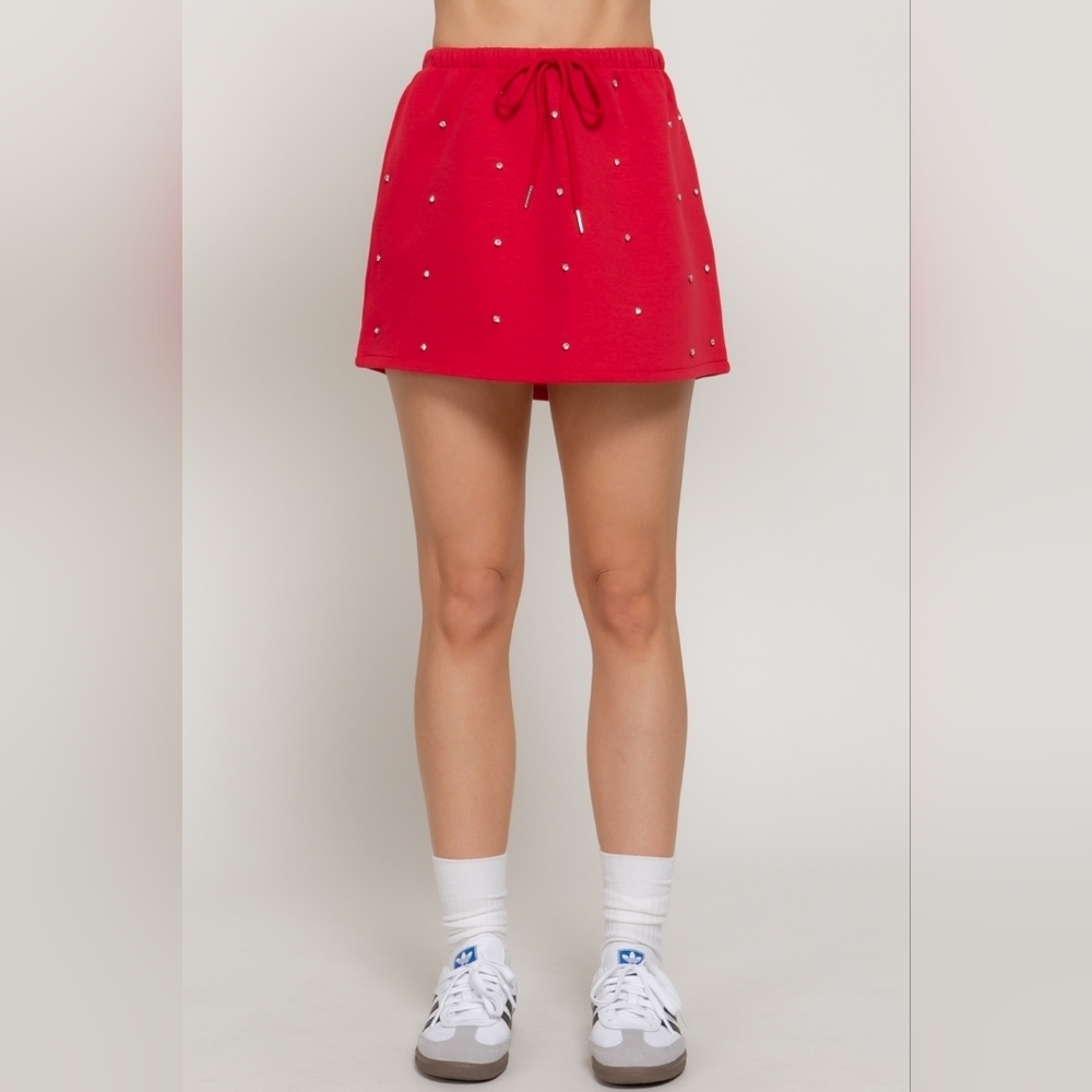 Red Casual Preppy High Waist Rhinestone Embellished Cotton Blend Skater Skirt
